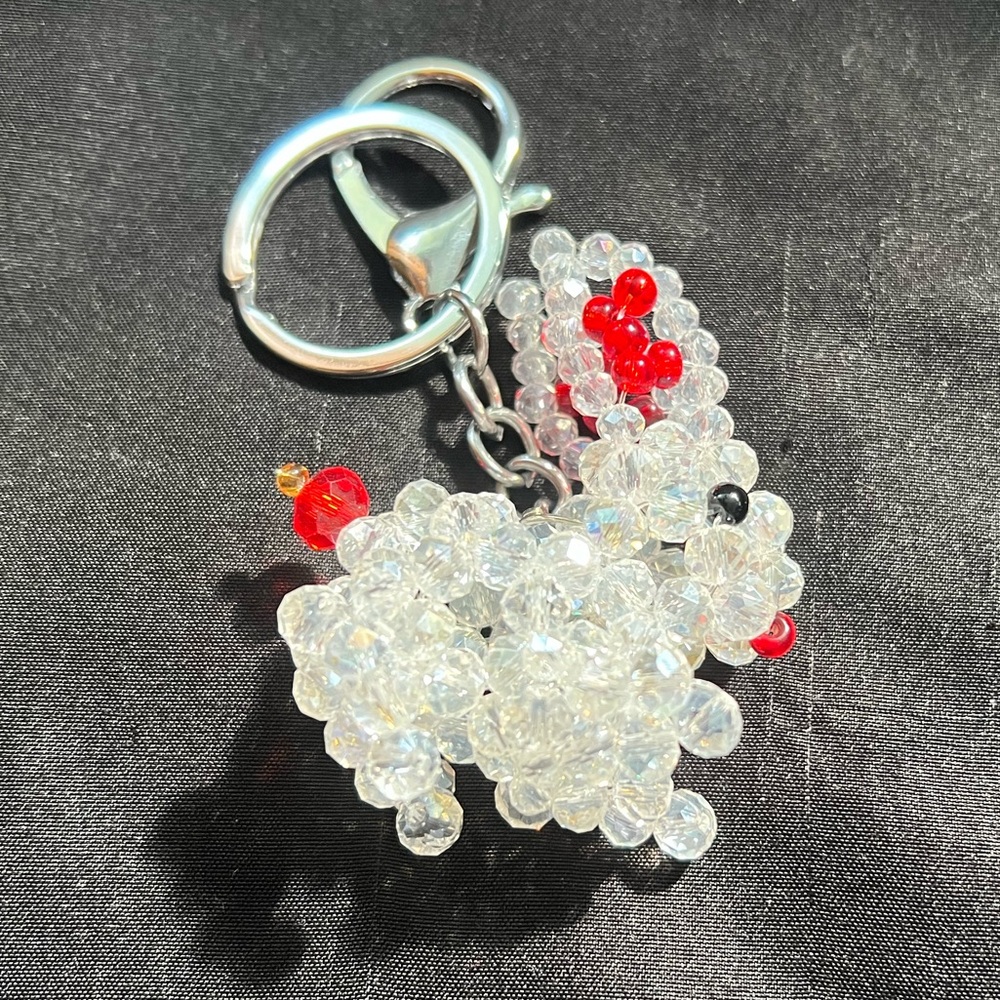 White & Red Sparkly Shiny Beaded Bunny Rabbit Keychain Charm Kawaii Crystal Cute